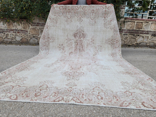 7x10 Medallion Oushak Rug: Turkish Hand Knotted, Farmhouse Beige and Faded Red Rug