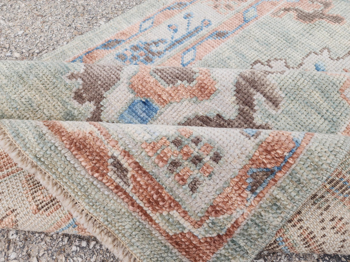 3x13 Oushak Runner Rug: Handwoven Turkish Wool, Soft Green, Eco Friendly