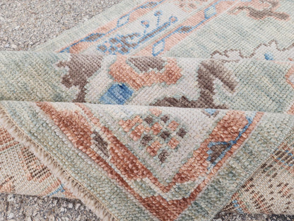 3x13 Oushak Runner Rug: Handwoven Turkish Wool, Soft Green, Eco Friendly