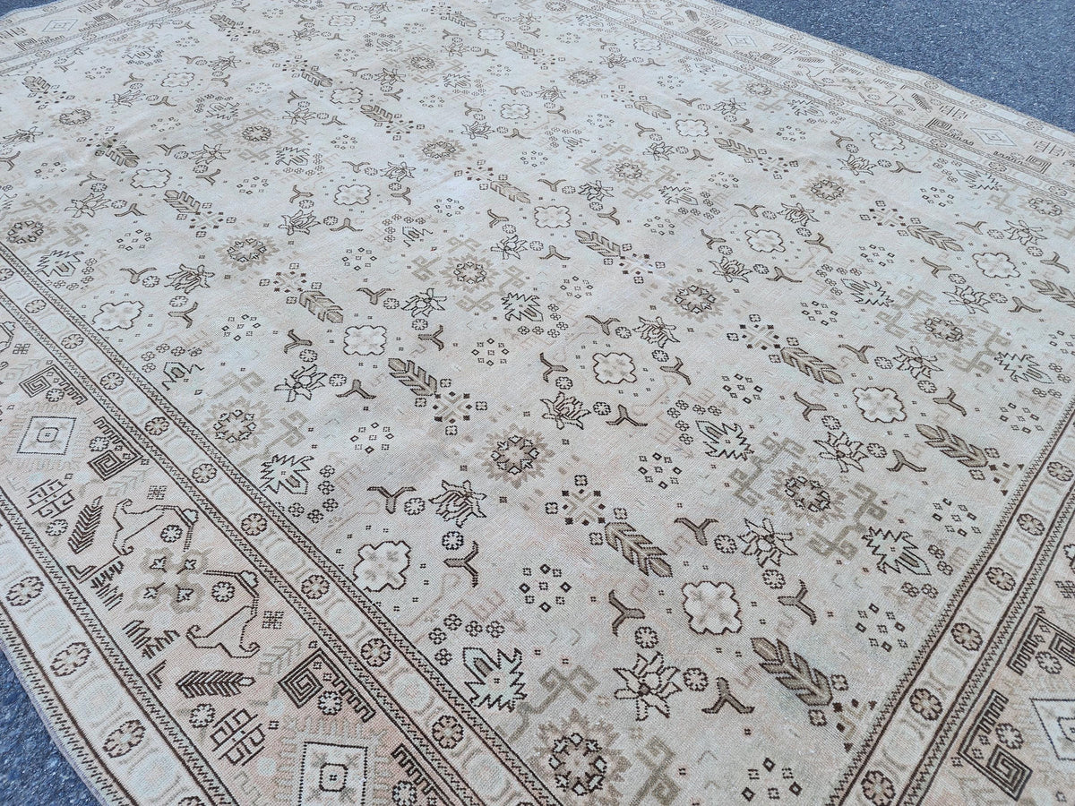 9x12 Neutral Area Rug, Soft Green Wool, Bohemian Living Room Decor
