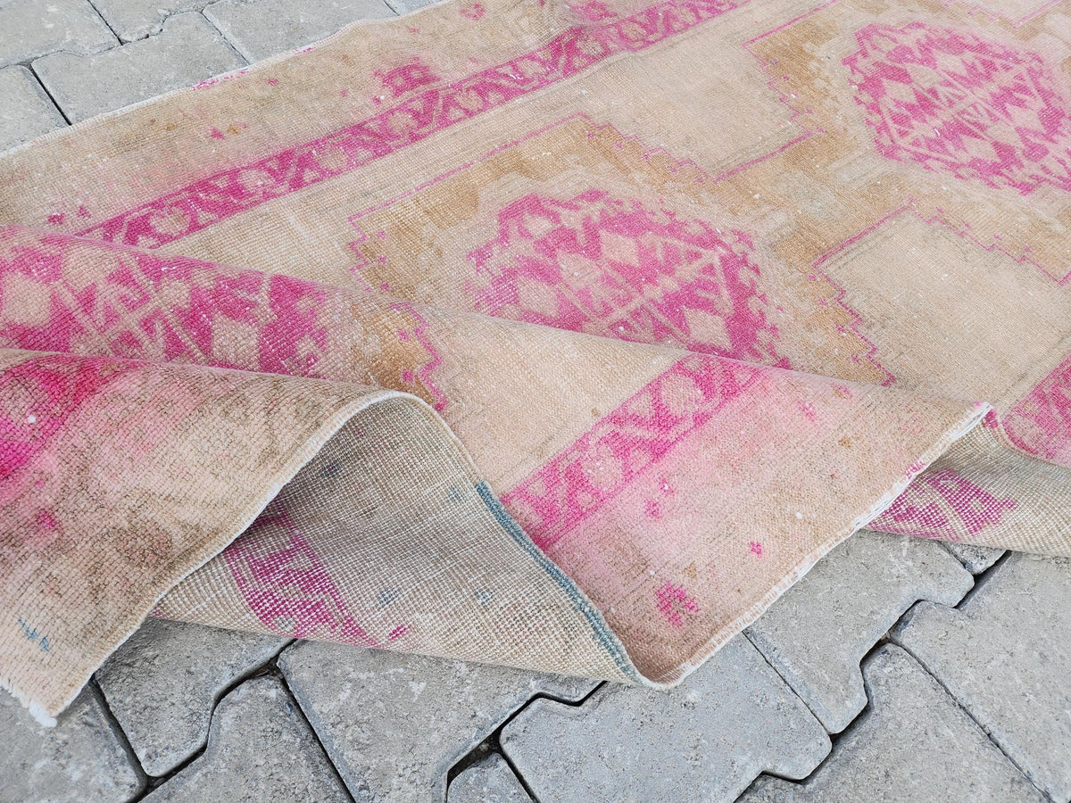 Vintage Pink Wool Oushak Runner Rug - 3x9 Oriental Entryway Rug