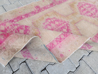 Vintage Pink Wool Oushak Runner Rug - 3x9 Oriental Entryway Rug