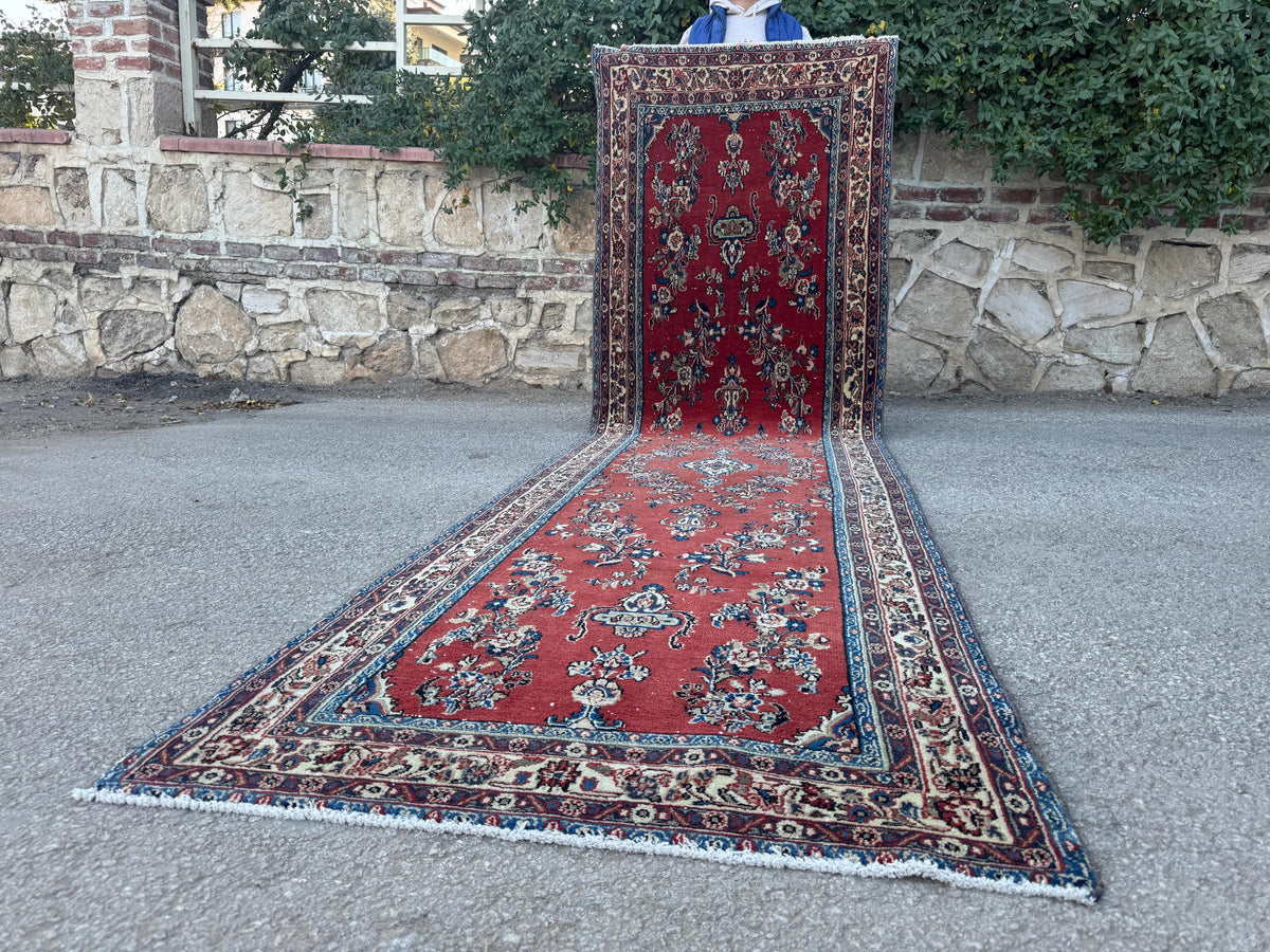 3x12 Persian Vintage Runner Rug: Hand Knotted, Flower Medallion design