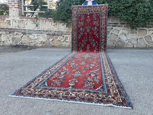 3x12 Persian Vintage Runner Rug: Hand Knotted, Flower Medallion design