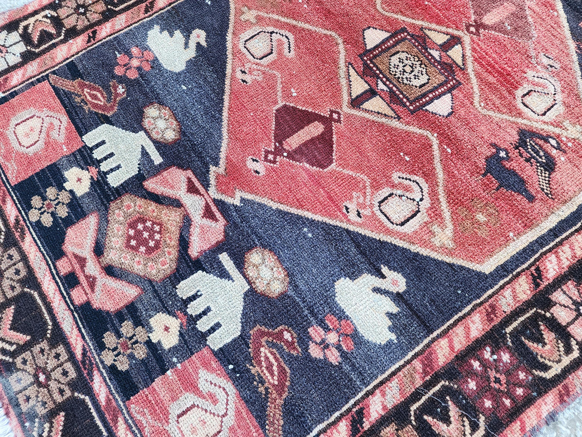 Vintage Wool Runner Rug: Animal Design, Navy Blue and Faded Red
