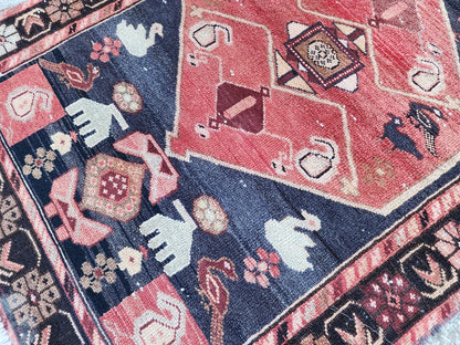 Vintage Wool Runner Rug: Animal Design, Navy Blue and Faded Red