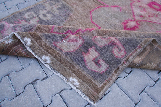 Vintage Kars Wool Rug 5x11: Pink & Brown Color, Farmhouse Brown Decor