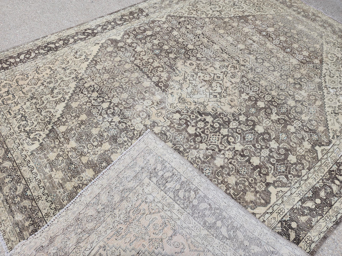 9x12 Traditional Vintage Rug: Geometric Brown Wool Design, Hand Knotted