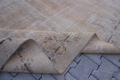 7x9 Handwoven Turkish Oushak Rug: Tan Bohemian Wool & Cotton