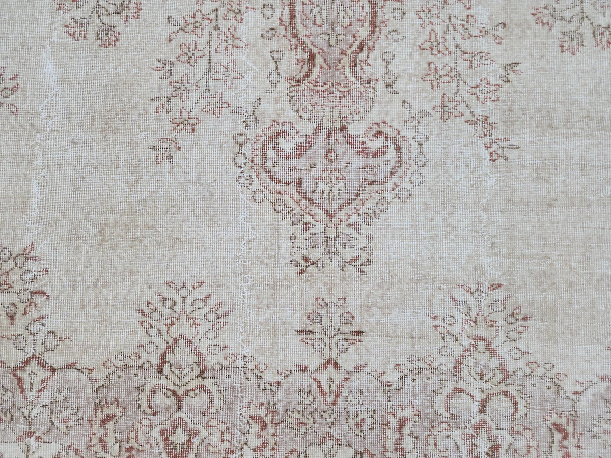 7x10 Medallion Oushak Rug: Turkish Hand Knotted, Farmhouse Beige and Faded Red Rug