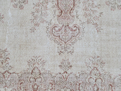 7x10 Medallion Oushak Rug: Turkish Hand Knotted, Farmhouse Beige and Faded Red Rug