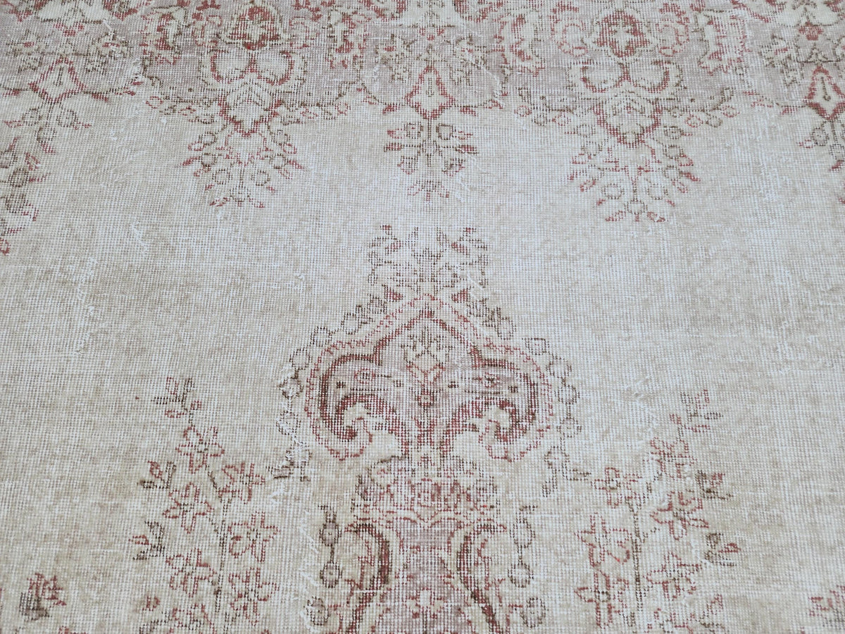 7x10 Medallion Oushak Rug: Turkish Hand Knotted, Farmhouse Beige and Faded Red Rug