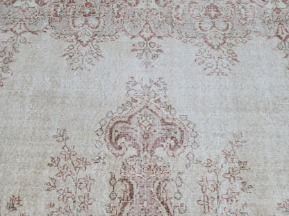 7x10 Medallion Oushak Rug: Turkish Hand Knotted, Farmhouse Beige and Faded Red Rug