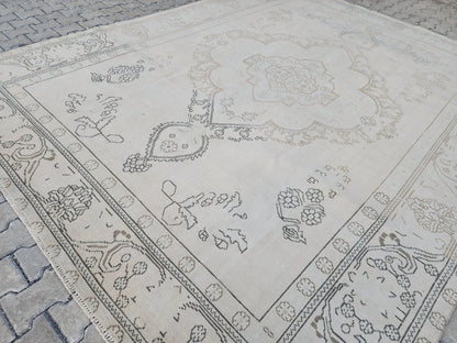 Neutral Wool Rug 9x12: Hand Knotted Oriental Turkish Wool, Home Rustic Decor