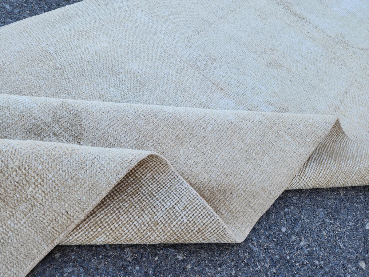Muted Turkish Runner Rug 3x11, Farmhouse Decor, Neutral Hand Knotted Beige and White