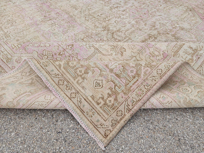 Vintage Hand Knotted Wool Rug 9×12 ft, Beige Geometric Oriental Persian Traditional Carpet