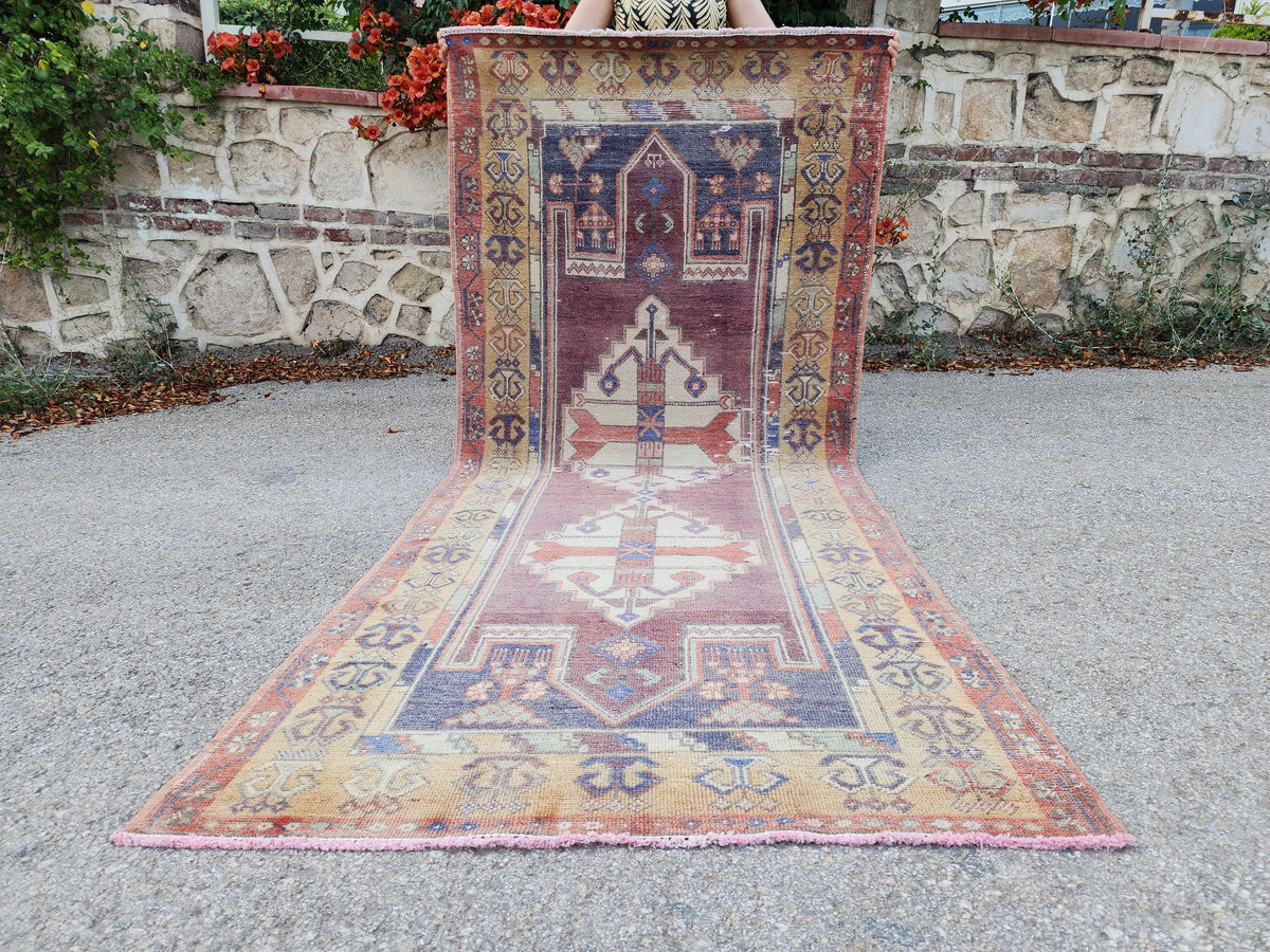4x9 Turkish Area Rug, Hand Knotted Turkish Runner, Wool Boho Hallway Decor
