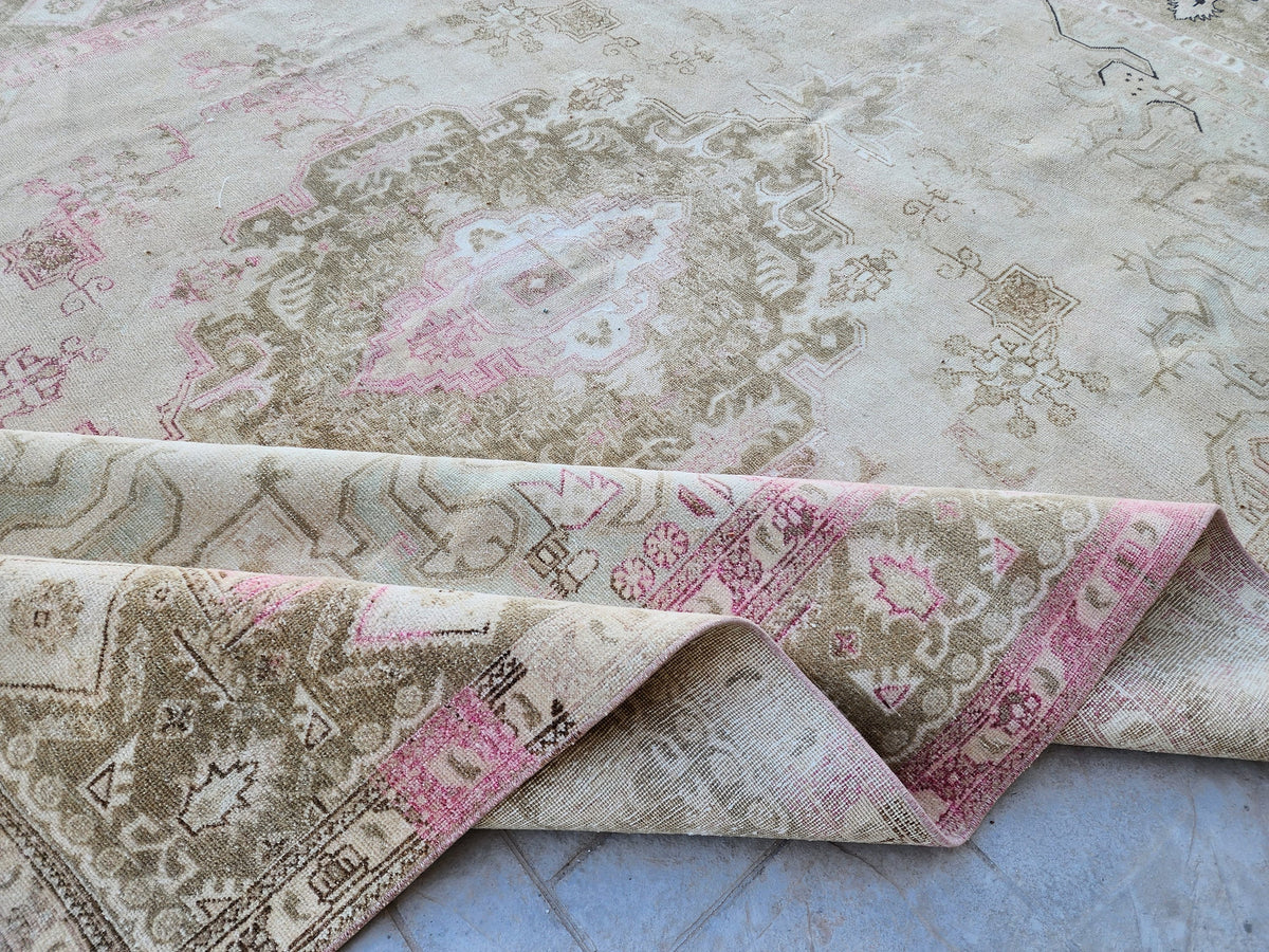 Hand Knotted Wool Vintage Rug: 10x13 Neutral Pink Cream Oversized Area Rug