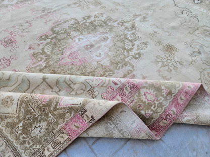 Hand Knotted Wool Vintage Rug: 10x13 Neutral Pink Cream Oversized Area Rug