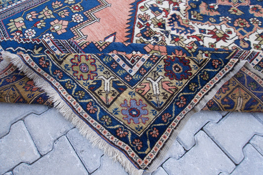 6x11 Vintage Turkish Decor Rug, Hand Made, Navy and Faded Red Farmhouse Carpet