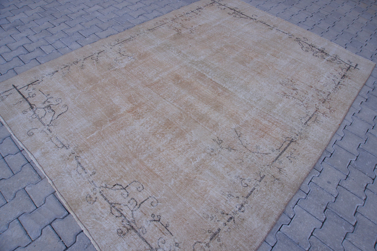 7x9 Handwoven Turkish Oushak Rug: Tan Bohemian Wool & Cotton