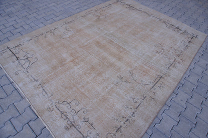 7x9 Handwoven Turkish Oushak Rug: Tan Bohemian Wool & Cotton