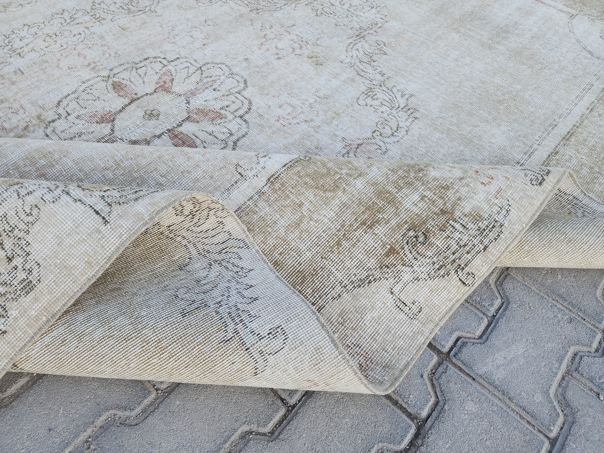 Neutral Oushak Rug 7x10: Green Faded Handwoven Area Rug
