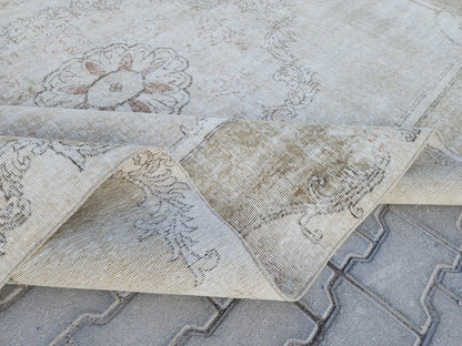 Neutral Oushak Rug 7x10: Green Faded Handwoven Area Rug