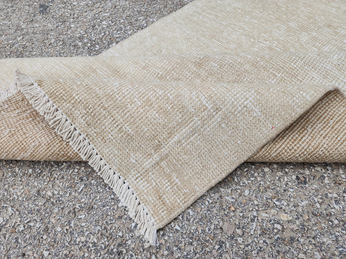 Beige Wool Runner Rug 2x11: Hand Knotted Turkish Geometric Hallway Rug