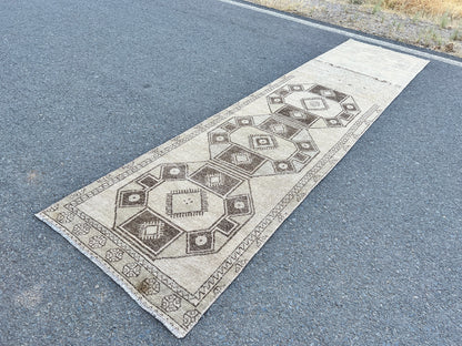 Vintage Turkish Wool Runner Rug: 3x13 Brown Oriental Rug