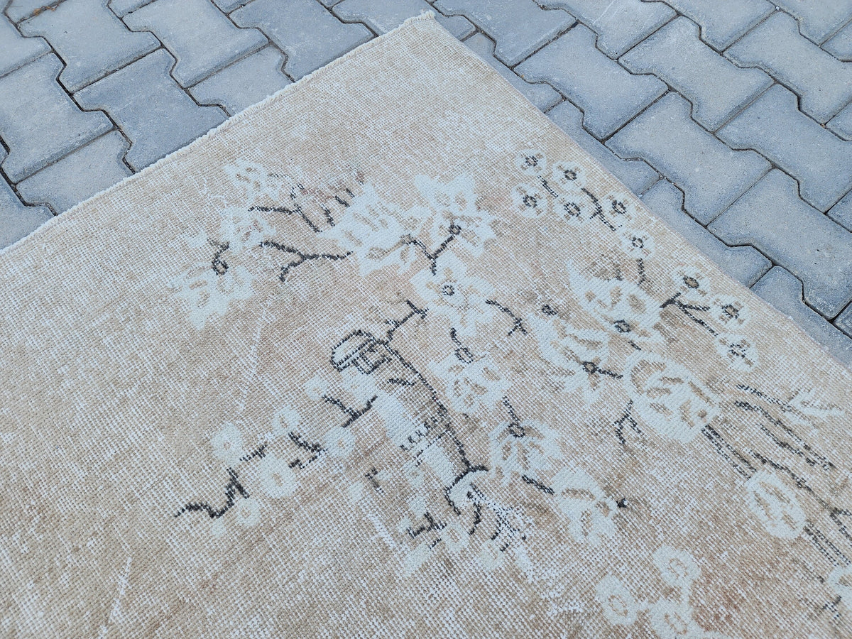 7x10 Vintage Oushak Rug: Neutral Beige Turkish Hand-Knotted Rug