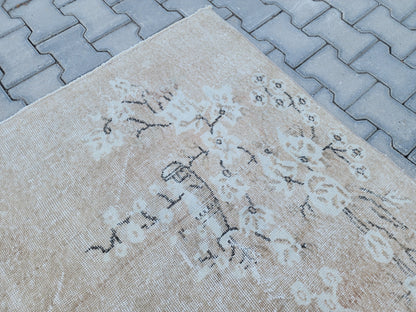 7x10 Vintage Oushak Rug: Neutral Beige Turkish Hand-Knotted Rug
