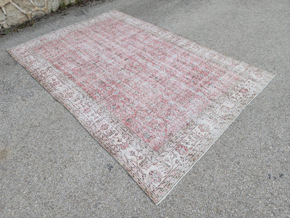 Vintage Oushak Rug 7x10: Handwoven Turkish Wool, Faded Red Farmhouse Style