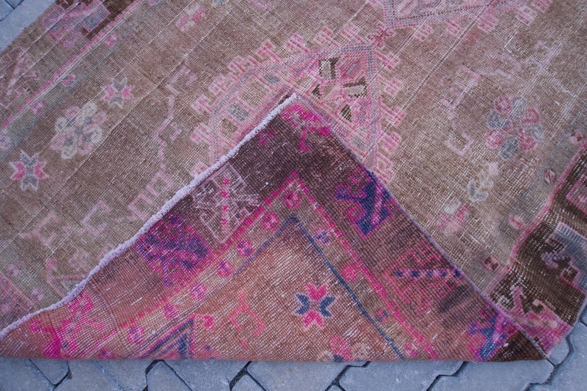Vintage Kars Rug 4.6x10.6: Brown & Pink Hand-Knotted Turkish Wool Rug