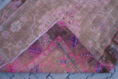Vintage Kars Rug 4.6x10.6: Brown & Pink Hand-Knotted Turkish Wool Rug