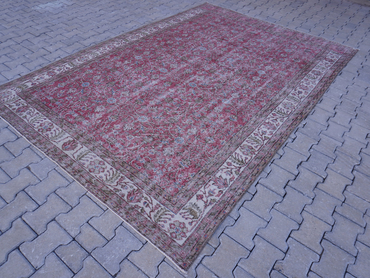 Vintage Turkish Oushak Rug 7x10: Handwoven Wool & Cotton Faded Red Rug