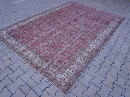 Vintage Turkish Oushak Rug 7x10: Handwoven Wool & Cotton Faded Red Rug