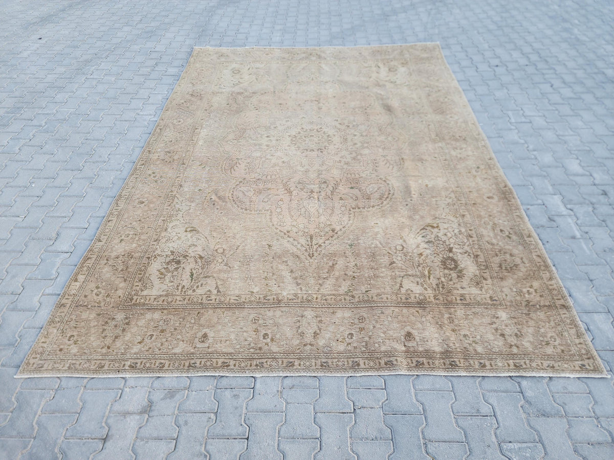 9×12 Vintage Wool Rug, Hand Knotted, Neutral Beige Oriental Persian Traditional Carpet