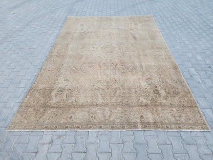9×12 Vintage Wool Rug, Hand Knotted, Neutral Beige Oriental Persian Traditional Carpet