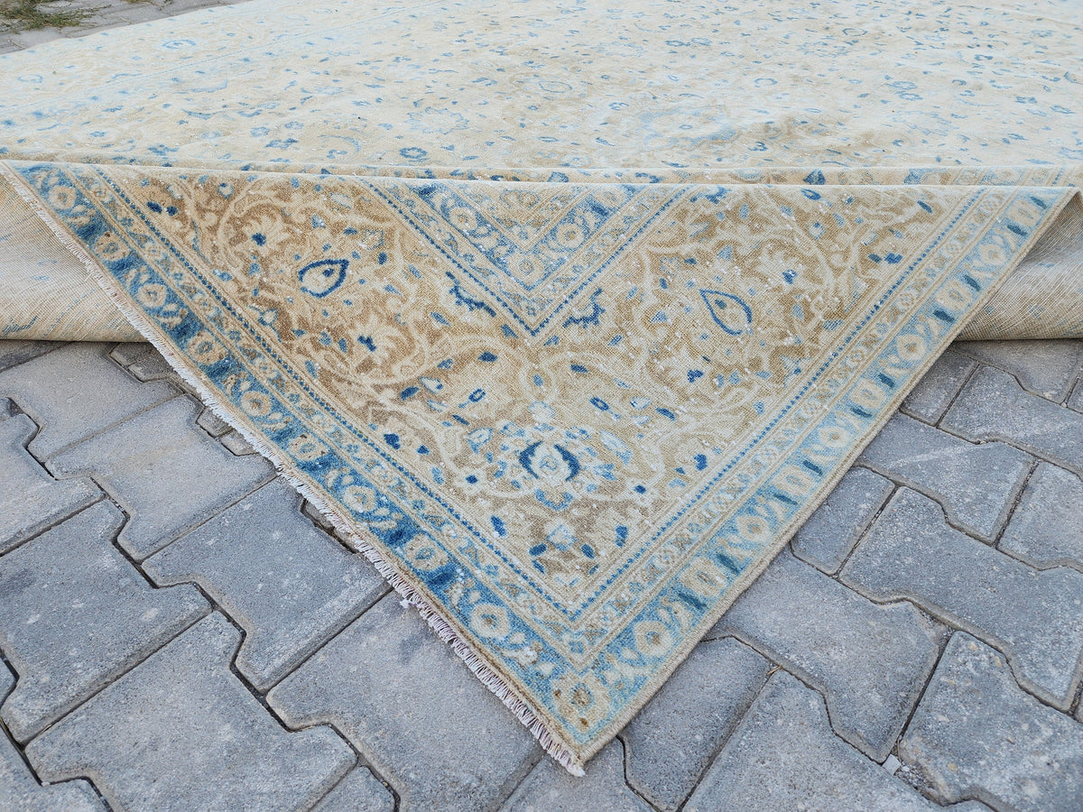 Oversized Vintage Rug 9x13: Hand Knotted Wool, Neutral Blue & Cream