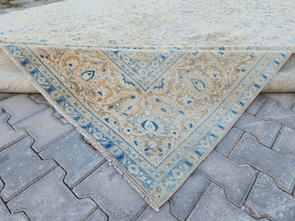Oversized Vintage Rug 9x13: Hand Knotted Wool, Neutral Blue & Cream