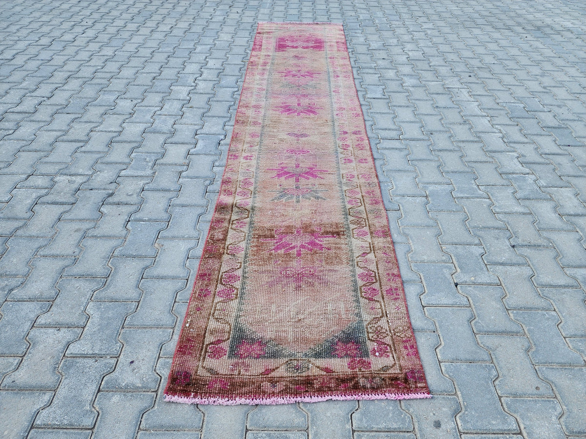 Hand Woven Wool Runner Rug 2x11: Vintage Turkish Herki Rug