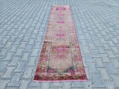 Hand Woven Wool Runner Rug 2x11: Vintage Turkish Herki Rug