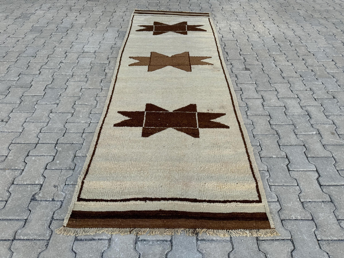 3x9 Vintage Turkish Herki Runner Rug: Handwoven Wool Hallway Rug