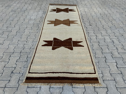 3x9 Vintage Turkish Herki Runner Rug: Handwoven Wool Hallway Rug