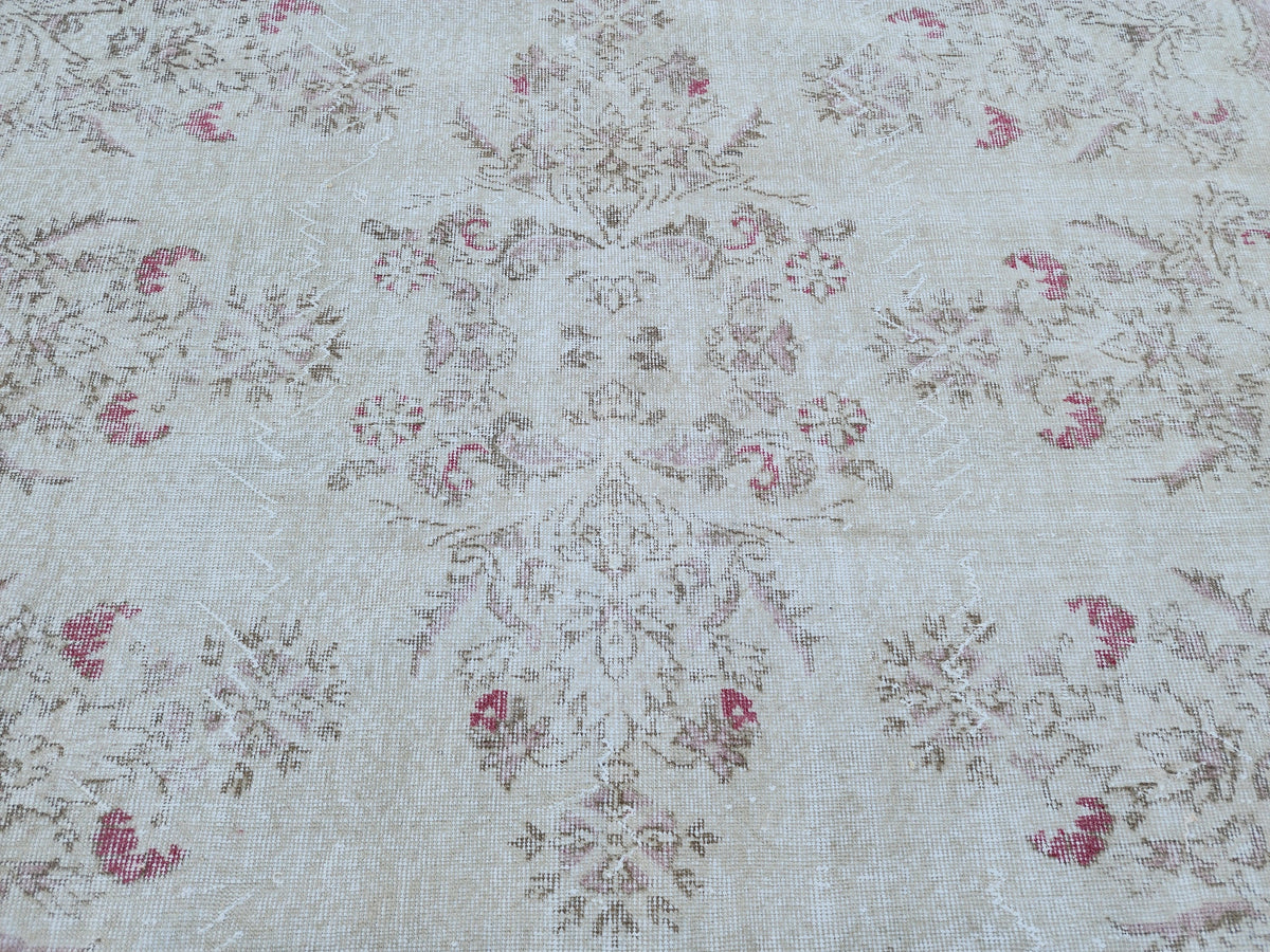 7x10 Oushak Rug: Beige Traditional Patterned Wool Carpet
