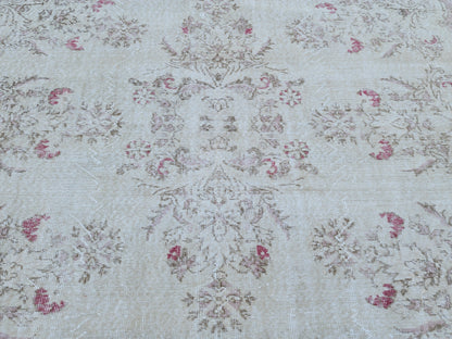 7x10 Oushak Rug: Beige Traditional Patterned Wool Carpet