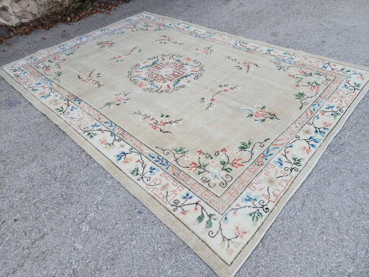 Turkish Area Rug 7x10, Living Room Boho Decor, Rustic Hand Made Wool