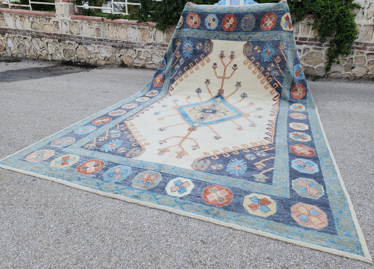 Handwoven Oushak Rug 10x14: Beige & Blue Turkish Wool Rug, Farmhouse Home Decor