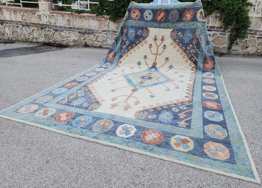 10x14 ft Turkish Oushak Wool Rug – Blue & Beige, Living Room
